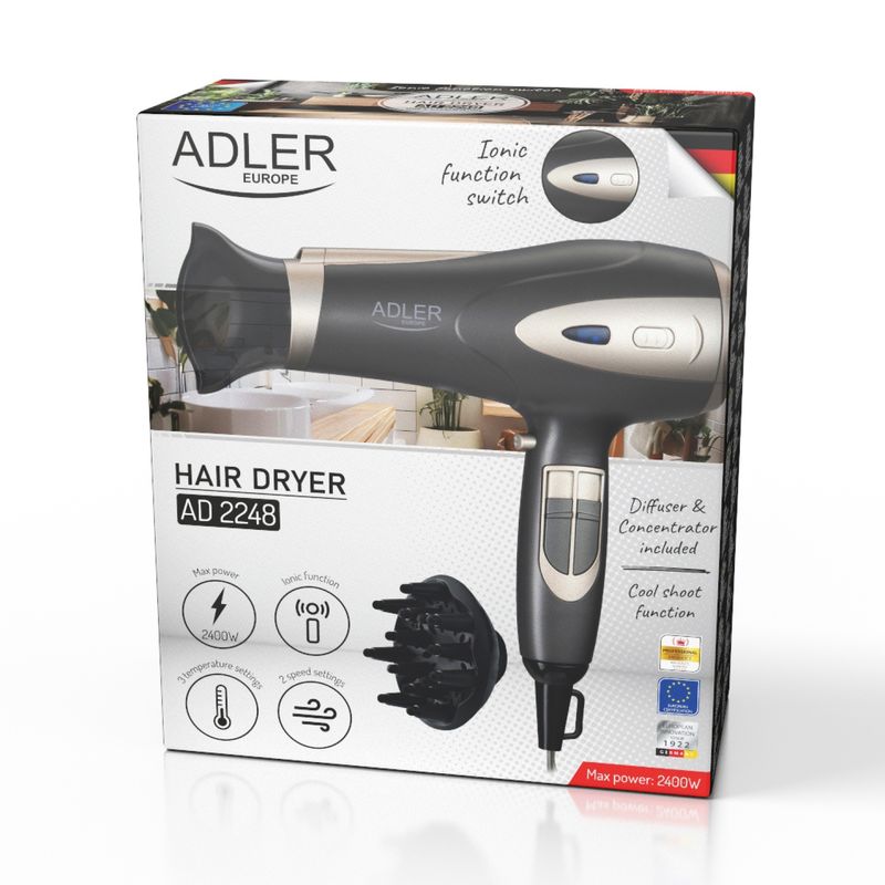 Ingrijire personala si Cosmetice - Aparate & accesorii ingrijire personala - Hair styling - Uscatoare de par - Uscator de par Adler AD2248gc, gri, difuzor, concentrator, 2200W, ionizare, 2 viteze, 3 trepte temperatura, cool shot - Infinity.ro