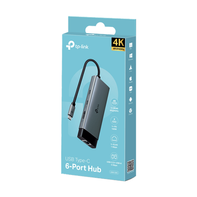 PC, gaming si accesorii - Retelistica - Hub-uri - Hub USB-C 6-in-1, 1 x USB-C PD 100W, 1 x USB-C, 2 x USB-A, 1 x HDMI 4K@60Hz, 1 x RJ45 1G - TP-Link UH6120C - Infinity.ro