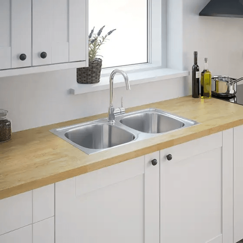 Casa si Gradina - Sanitare - Chiuveta bucatarie si accesorii - Chiuvete bucatarie - Set, Chiuveta doua cuve anticalcar pentru blat, sifon preaplin flexibil, baterie lebada flexibila, Raulconstruct - Infinity.ro