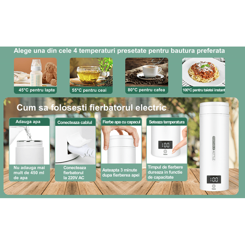 Electronice si Electrocasnice - Electrocasnice bucatarie - Preparare bauturi - Fierbatoare de apa - Fierbator Electric Portabil, Tip Termos, 500 ml, 4 Temperaturi Presetate, Interior Otel Inoxidabil, Alb - Infinity.ro