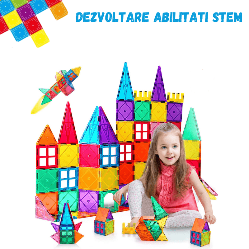 Jucarii, Copii si Bebe - Jucarii si jocuri - Seturi de constructie si cuburi - Seturi de constructie - Set De Constructie Magnetic Tiles 3D – 129 Piese Colorate Pentru Copii, Jucarie Educativa STEM, Creativa,  Forme Variate - Infinity.ro