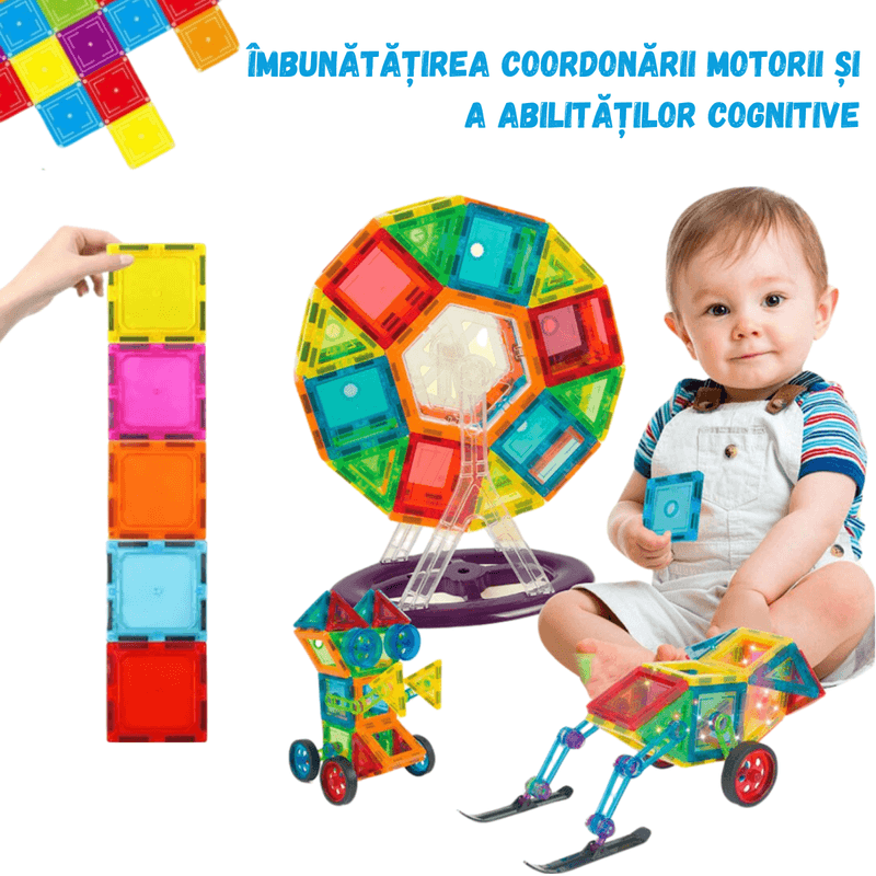 Jucarii, Copii si Bebe - Jucarii si jocuri - Seturi de constructie si cuburi - Seturi de constructie - Set De Constructie Magnetic Tiles 3D – 129 Piese Colorate Pentru Copii, Jucarie Educativa STEM, Creativa,  Forme Variate - Infinity.ro