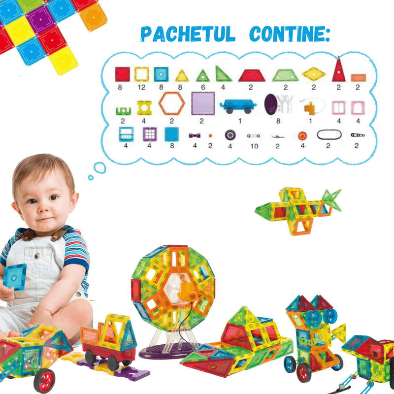 Jucarii, Copii si Bebe - Jucarii si jocuri - Seturi de constructie si cuburi - Seturi de constructie - Set De Constructie Magnetic Tiles 3D – 129 Piese Colorate Pentru Copii, Jucarie Educativa STEM, Creativa,  Forme Variate - Infinity.ro