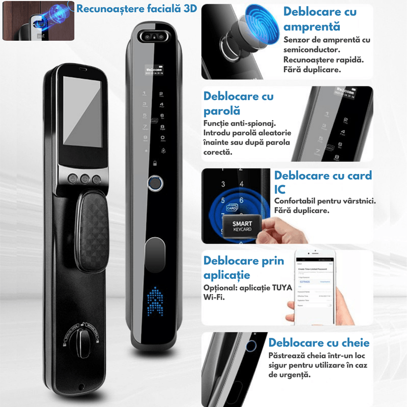 Casa si Gradina - Constructii - Feronerie si accesorii - Broaste si yale - Yala inteligenta Smart cu Recunoastere Faciala 3D, Camera Video, Amprenta, Card, Parola, NFC, Cheie, Aplicatie Tuya - Infinity.ro
