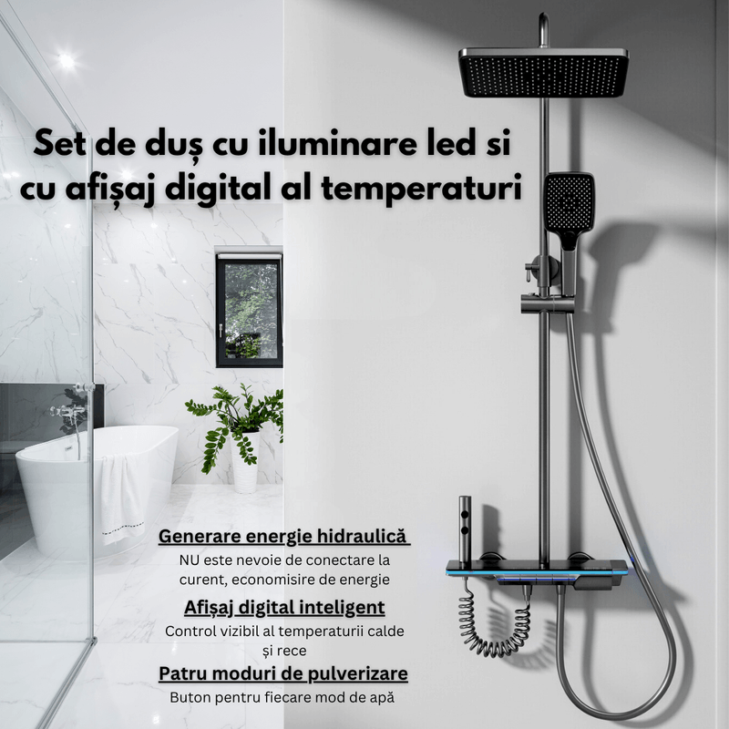 Casa si Gradina - Sanitare - Cazi si cabine de dus - Coloane si seturi de dus - Set de dus cu Iluminare LED si afisaj Digital al Temperaturi, coloana cu termostat si turbina generatoare de curent - Infinity.ro