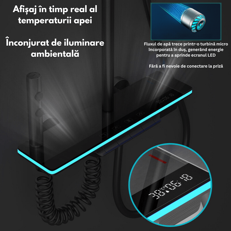 Casa si Gradina - Sanitare - Cazi si cabine de dus - Coloane si seturi de dus - Set de dus cu Iluminare LED si afisaj Digital al Temperaturi, coloana cu termostat si turbina generatoare de curent - Infinity.ro