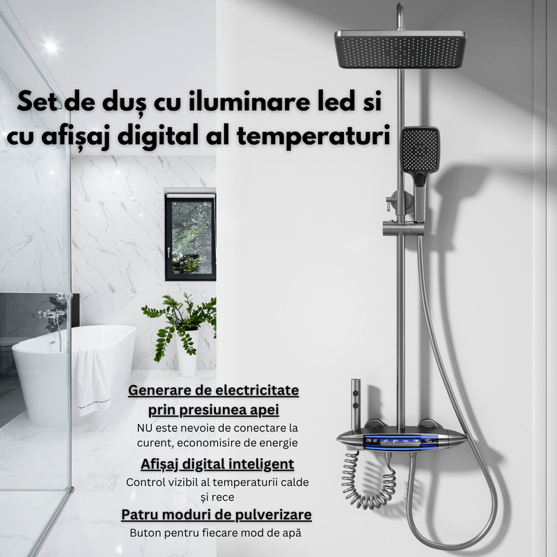 Casa si Gradina - Sanitare - Cazi si cabine de dus - Coloane si seturi de dus - Coloana de Dus Smart cu Iluminare LED si afisaj Digital al Temperaturi / Ceas, Control Termostatic si turbina curent - Infinity.ro