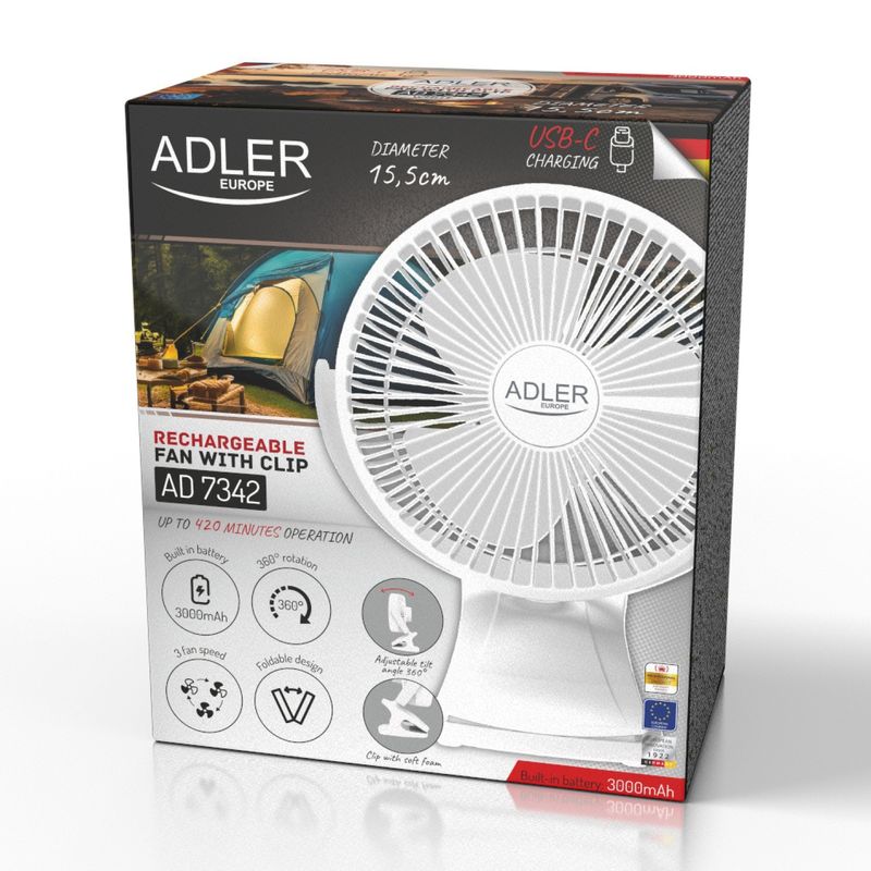 Electronice si Electrocasnice - Climatizare si sisteme de incalzire - Aparate racire aer - Ventilatoare - Ventilator portabil Adler AD7342w, 5W, 3000mAh, clip-on - Infinity.ro