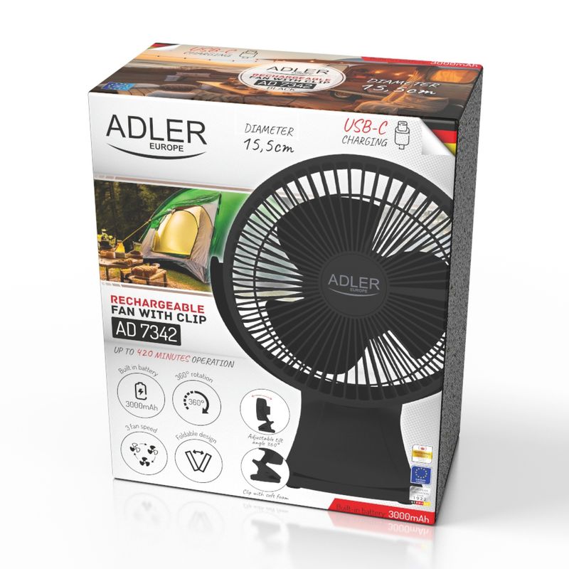 Electronice si Electrocasnice - Climatizare si sisteme de incalzire - Aparate racire aer - Ventilatoare - Ventilator portabil Adler AD7342b, 5W, 3000mAh, clip-on - Infinity.ro