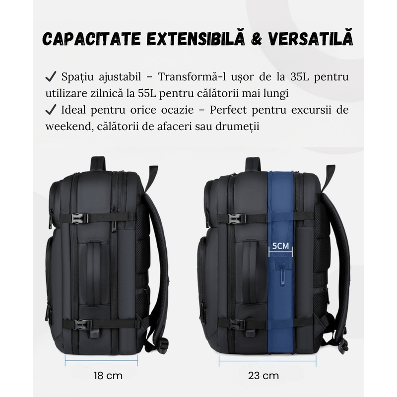 Sport si Outdoor - Articole de voiaj - Rucsacuri - Rucsac multifunctional Versatyx®, Extensibil, Bagaj Cabina Avion, Compartiment Laptop, Suport Troler, Impermeabil - Infinity.ro