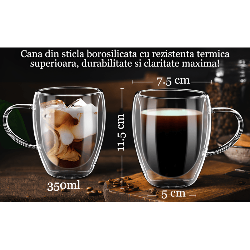 Casa si Gradina - Bucatarie si vesela - Cani si pahare - Cani si cesti - Set 6 cani, Cana termorezistenta 350 ml  cu perete dublu, Sticla borosilicata, Transparent - Infinity.ro