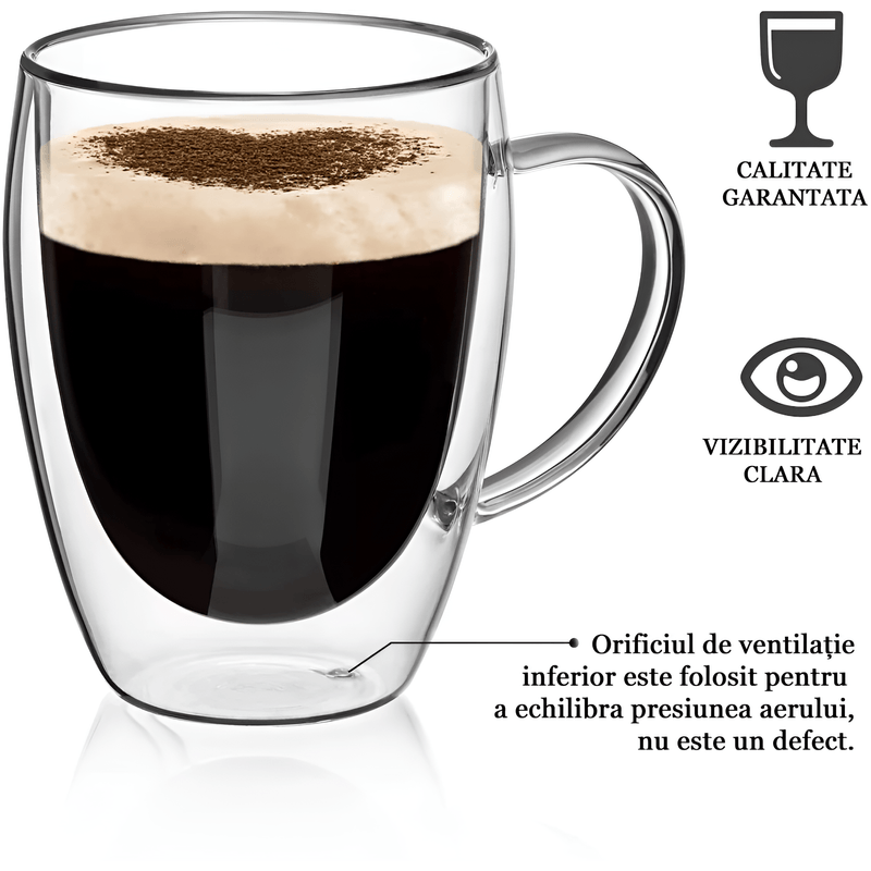 Casa si Gradina - Bucatarie si vesela - Cani si pahare - Cani si cesti - Set 6 cani, Cana termorezistenta 350 ml  cu perete dublu, Sticla borosilicata, Transparent - Infinity.ro