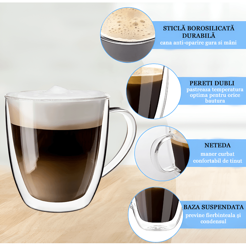 Casa si Gradina - Bucatarie si vesela - Cani si pahare - Cani si cesti - Set 6 cani, Cana termorezistenta 350 ml  cu perete dublu, Sticla borosilicata, Transparent - Infinity.ro