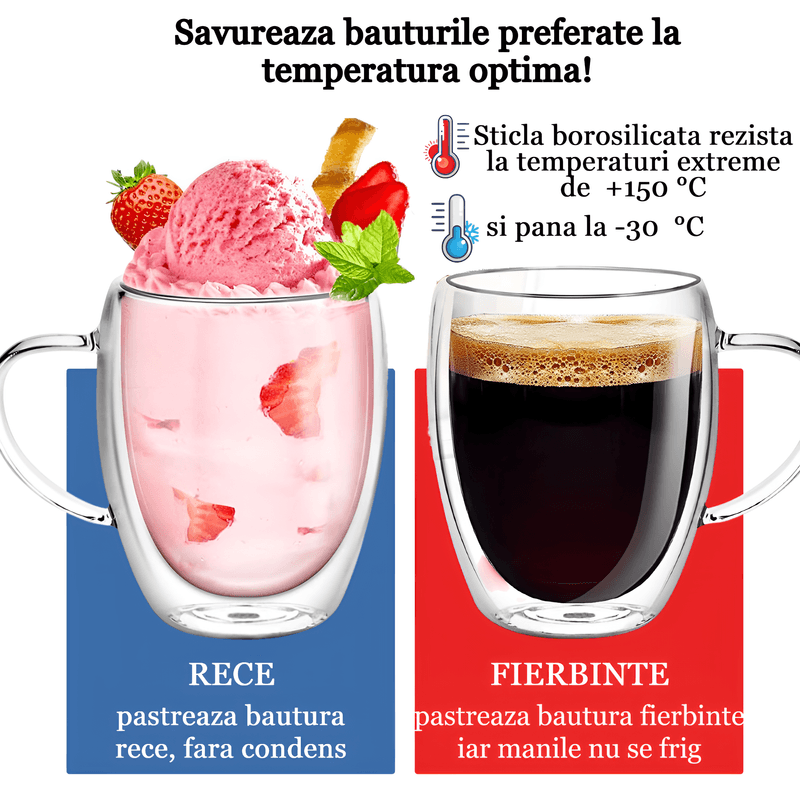 Casa si Gradina - Bucatarie si vesela - Cani si pahare - Cani si cesti - Set 6 cani, Cana termorezistenta 350 ml  cu perete dublu, Sticla borosilicata, Transparent - Infinity.ro