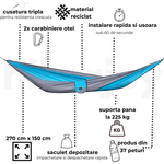 Casa si Gradina - Gradina si terasa - Balansoare si hamace - Hamace si suporturi - Hamac hikerjoy din material reciclat, usor, , 270x140 cm, doua curele de prindere si carabine incluse, albastru cu gri - Infinity.ro
