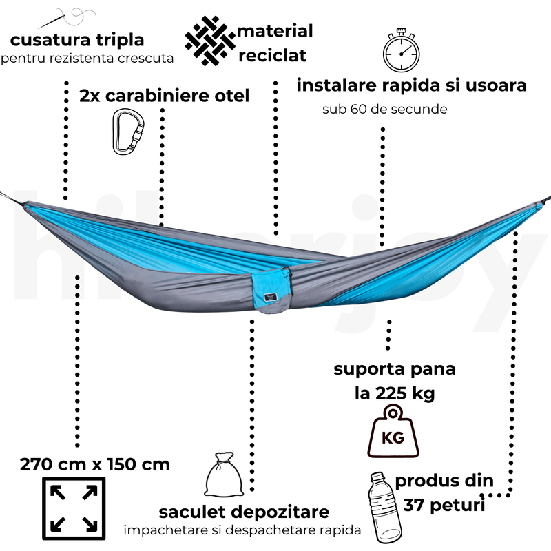 Casa si Gradina - Gradina si terasa - Balansoare si hamace - Hamace si suporturi - Hamac hikerjoy din material reciclat, usor, , 270x140 cm, doua curele de prindere si carabine incluse, albastru cu gri - Infinity.ro
