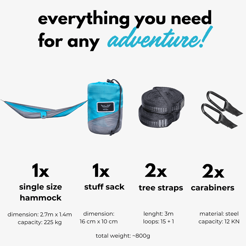 Casa si Gradina - Gradina si terasa - Balansoare si hamace - Hamace si suporturi - Hamac hikerjoy din material reciclat, usor, , 270x140 cm, doua curele de prindere si carabine incluse, albastru cu gri - Infinity.ro