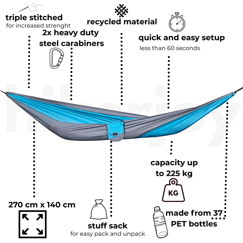 Casa si Gradina - Gradina si terasa - Balansoare si hamace - Hamace si suporturi - Hamac hikerjoy din material reciclat, usor, , 270x140 cm, doua curele de prindere si carabine incluse, albastru cu gri - Infinity.ro