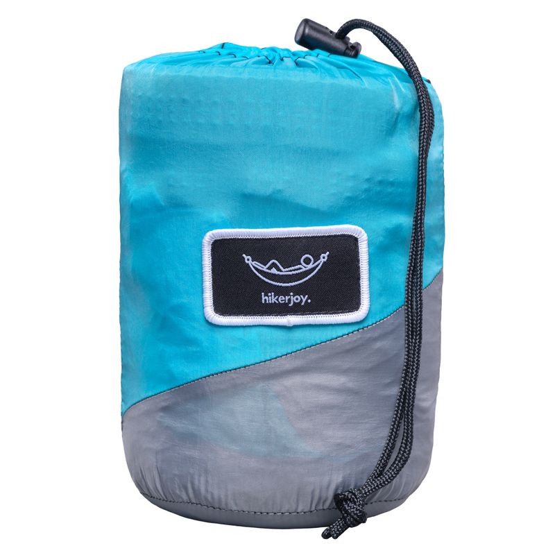 Casa si Gradina - Gradina si terasa - Balansoare si hamace - Hamace si suporturi - Hamac hikerjoy din material reciclat, usor, , 270x140 cm, doua curele de prindere si carabine incluse, albastru cu gri - Infinity.ro