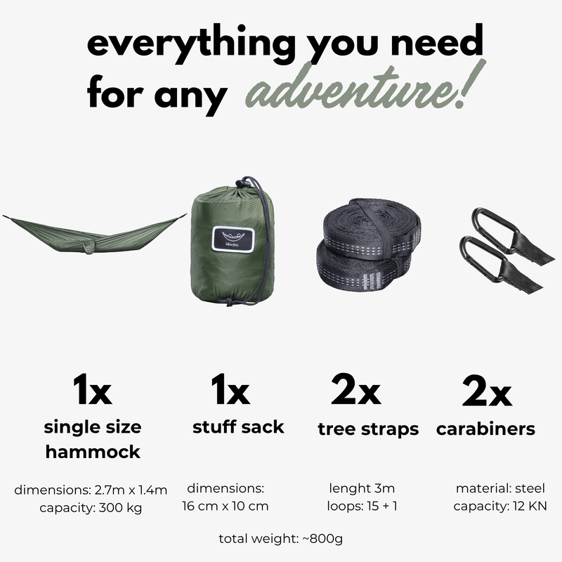 Casa si Gradina - Gradina si terasa - Balansoare si hamace - Hamace si suporturi - Hamac hikerjoy PRO,material ripstop,ultra usor,portabil, 270x150 cm, curele prindere si carabine incluse, green army - Infinity.ro