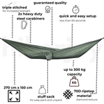 Casa si Gradina - Gradina si terasa - Balansoare si hamace - Hamace si suporturi - Hamac hikerjoy PRO,material ripstop,ultra usor,portabil, 270x150 cm, curele prindere si carabine incluse, green army - Infinity.ro