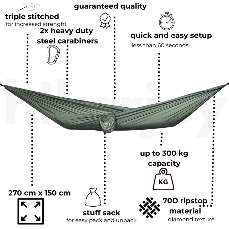 Casa si Gradina - Gradina si terasa - Balansoare si hamace - Hamace si suporturi - Hamac hikerjoy PRO,material ripstop,ultra usor,portabil, 270x150 cm, curele prindere si carabine incluse, green army - Infinity.ro