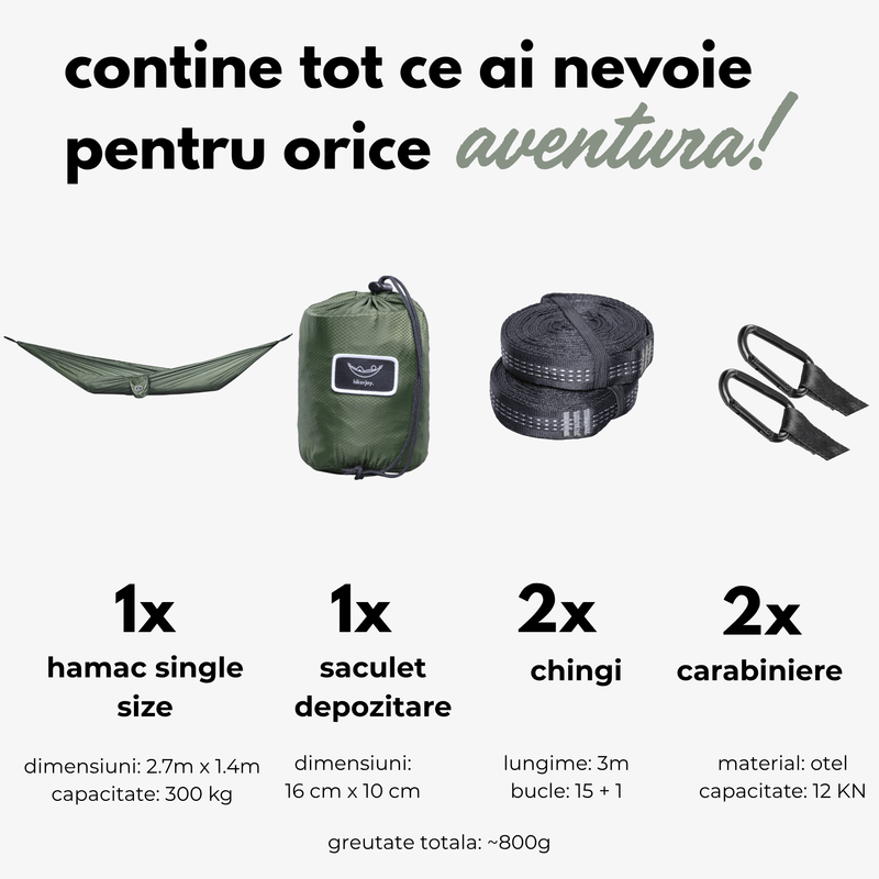 Casa si Gradina - Gradina si terasa - Balansoare si hamace - Hamace si suporturi - Hamac hikerjoy PRO,material ripstop,ultra usor,portabil, 270x150 cm, curele prindere si carabine incluse, green army - Infinity.ro
