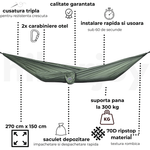Casa si Gradina - Gradina si terasa - Balansoare si hamace - Hamace si suporturi - Hamac hikerjoy PRO,material ripstop,ultra usor,portabil, 270x150 cm, curele prindere si carabine incluse, green army - Infinity.ro