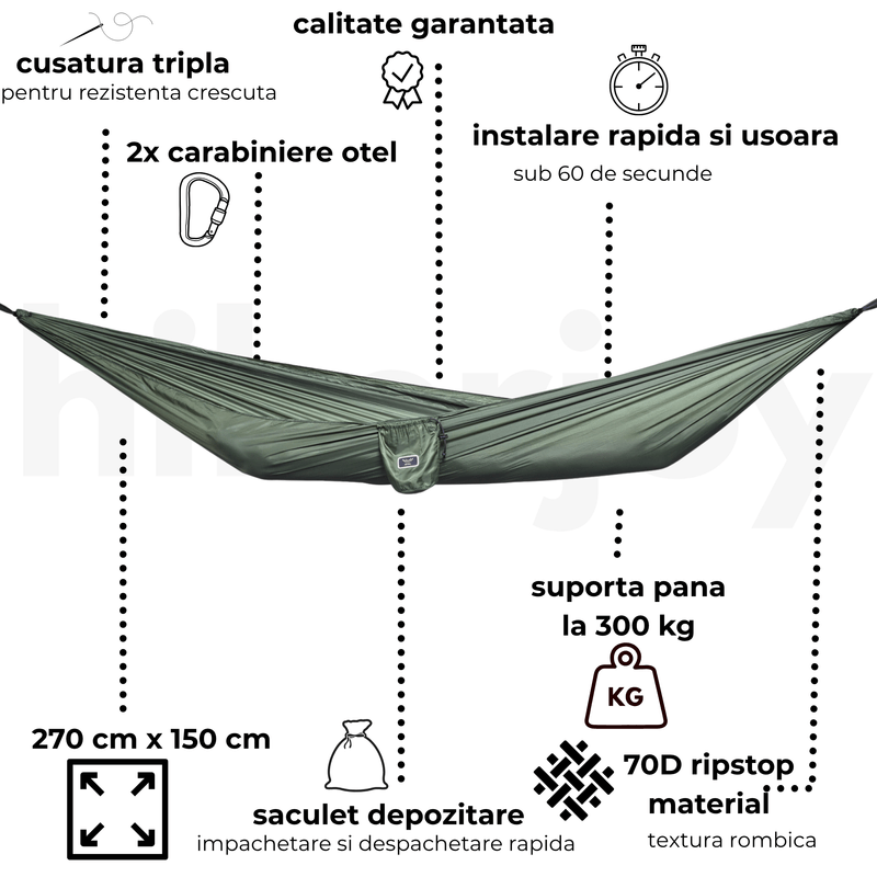 Casa si Gradina - Gradina si terasa - Balansoare si hamace - Hamace si suporturi - Hamac hikerjoy PRO,material ripstop,ultra usor,portabil, 270x150 cm, curele prindere si carabine incluse, green army - Infinity.ro