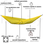 Casa si Gradina - Gradina si terasa - Balansoare si hamace - Hamace si suporturi - Hamac hikerjoy PRO,material ripstop, ultra portabil, usor,270x150 cm, curele prindere si carabine incluse, galben - Infinity.ro