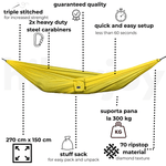 Casa si Gradina - Gradina si terasa - Balansoare si hamace - Hamace si suporturi - Hamac hikerjoy PRO,material ripstop, ultra portabil, usor,270x150 cm, curele prindere si carabine incluse, galben - Infinity.ro