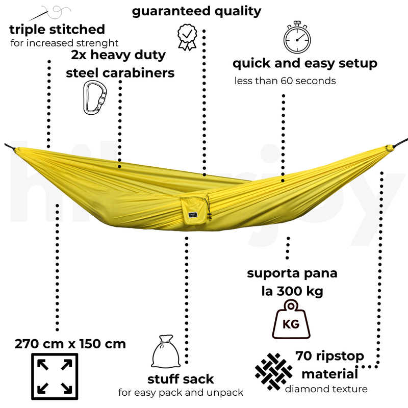 Casa si Gradina - Gradina si terasa - Balansoare si hamace - Hamace si suporturi - Hamac hikerjoy PRO,material ripstop, ultra portabil, usor,270x150 cm, curele prindere si carabine incluse, galben - Infinity.ro