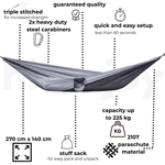 Casa si Gradina - Gradina si terasa - Balansoare si hamace - Hamace si suporturi - Hamac hikerjoy, material tip parasuta, ultra usor, portabil, 270x140 cm, curele prindere si carabine incluse, negru+gri - Infinity.ro