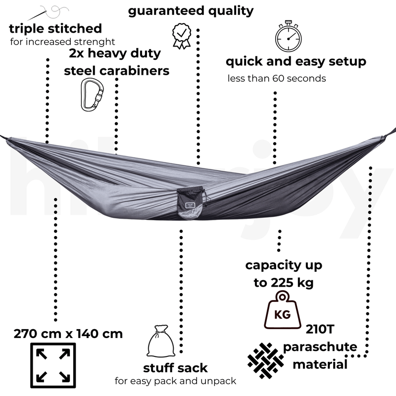 Casa si Gradina - Gradina si terasa - Balansoare si hamace - Hamace si suporturi - Hamac hikerjoy, material tip parasuta, ultra usor, portabil, 270x140 cm, curele prindere si carabine incluse, negru+gri - Infinity.ro