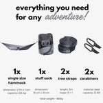 Casa si Gradina - Gradina si terasa - Balansoare si hamace - Hamace si suporturi - Hamac hikerjoy, material tip parasuta, ultra usor, portabil, 270x140 cm, curele prindere si carabine incluse, negru+gri - Infinity.ro