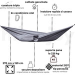 Casa si Gradina - Gradina si terasa - Balansoare si hamace - Hamace si suporturi - Hamac hikerjoy, material tip parasuta, ultra usor, portabil, 270x140 cm, curele prindere si carabine incluse, negru+gri - Infinity.ro