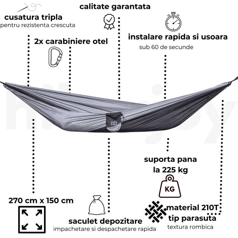 Casa si Gradina - Gradina si terasa - Balansoare si hamace - Hamace si suporturi - Hamac hikerjoy, material tip parasuta, ultra usor, portabil, 270x140 cm, curele prindere si carabine incluse, negru+gri - Infinity.ro