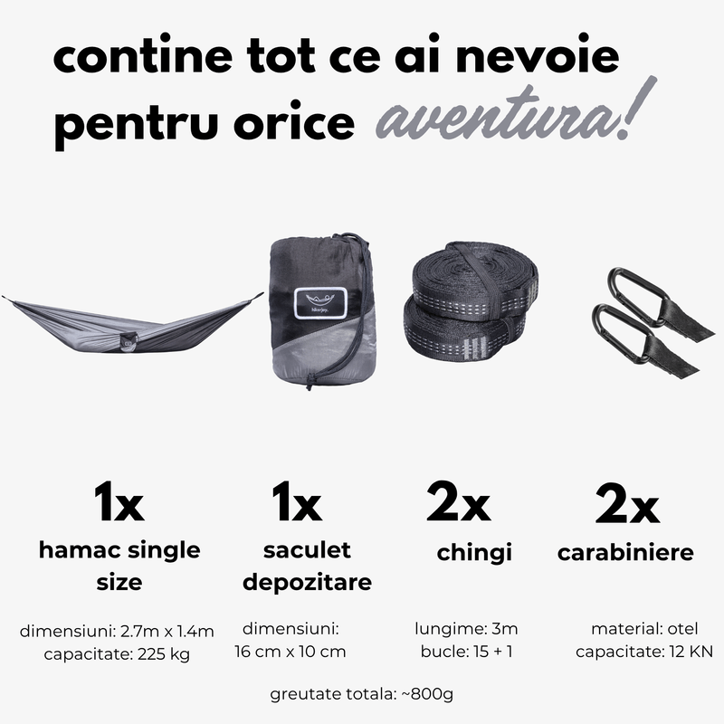Casa si Gradina - Gradina si terasa - Balansoare si hamace - Hamace si suporturi - Hamac hikerjoy, material tip parasuta, ultra usor, portabil, 270x140 cm, curele prindere si carabine incluse, negru+gri - Infinity.ro