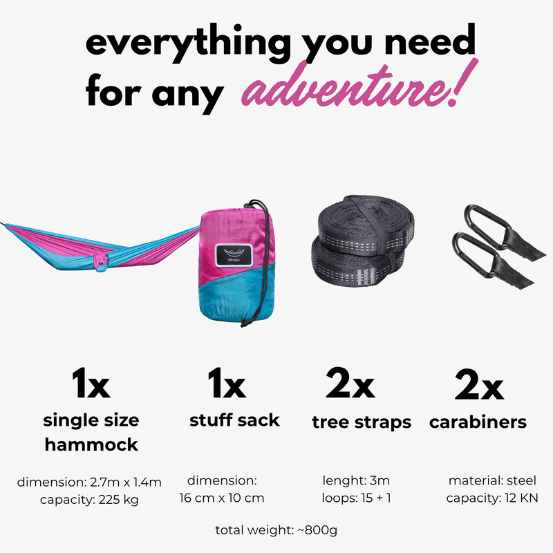 Casa si Gradina - Gradina si terasa - Balansoare si hamace - Hamace si suporturi - Hamac hikerjoy,material tip parasuta, ultra usor,portabil,270x140 cm,curele prindere si carabine incluse, roz-sky blue - Infinity.ro