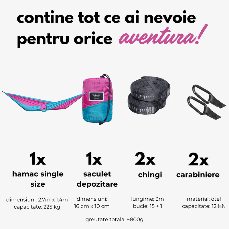 Casa si Gradina - Gradina si terasa - Balansoare si hamace - Hamace si suporturi - Hamac hikerjoy,material tip parasuta, ultra usor,portabil,270x140 cm,curele prindere si carabine incluse, roz-sky blue - Infinity.ro