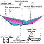 Casa si Gradina - Gradina si terasa - Balansoare si hamace - Hamace si suporturi - Hamac hikerjoy,material tip parasuta, ultra usor,portabil,270x140 cm,curele prindere si carabine incluse, roz-sky blue - Infinity.ro