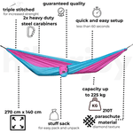 Casa si Gradina - Gradina si terasa - Balansoare si hamace - Hamace si suporturi - Hamac hikerjoy,material tip parasuta, ultra usor,portabil,270x140 cm,curele prindere si carabine incluse, roz-sky blue - Infinity.ro