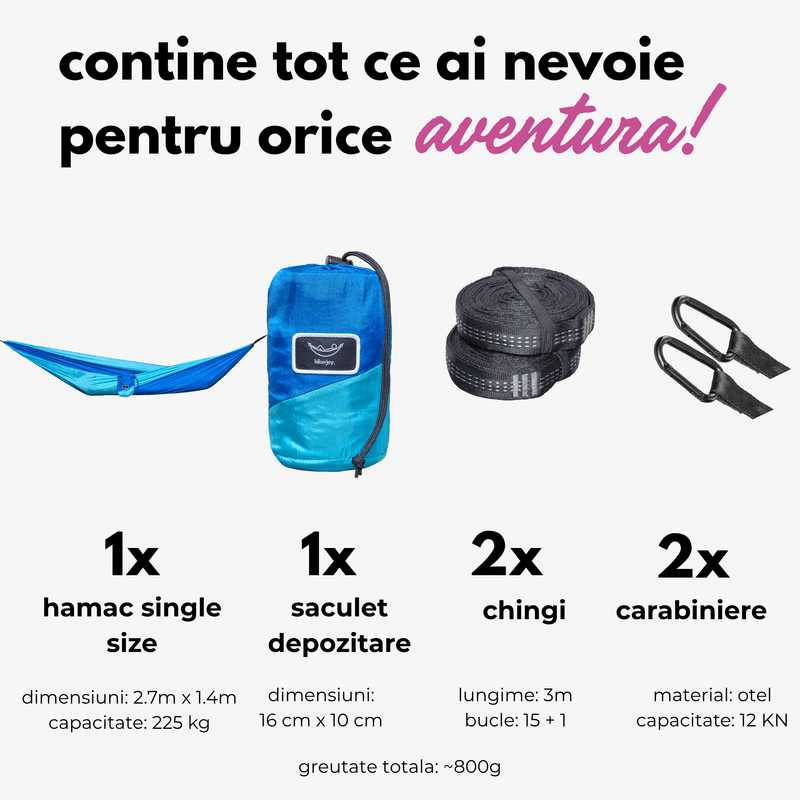 Casa si Gradina - Gradina si terasa - Balansoare si hamace - Hamace si suporturi - Hamac hikerjoy,material tip parasuta, ultra usor,portabil,270x140 cm,curele prindere si carabine incluse, albastru - Infinity.ro
