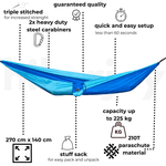 Casa si Gradina - Gradina si terasa - Balansoare si hamace - Hamace si suporturi - Hamac hikerjoy,material tip parasuta, ultra usor,portabil,270x140 cm,curele prindere si carabine incluse, albastru - Infinity.ro