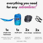 Casa si Gradina - Gradina si terasa - Balansoare si hamace - Hamace si suporturi - Hamac hikerjoy,material tip parasuta, ultra usor,portabil,270x140 cm,curele prindere si carabine incluse, albastru - Infinity.ro
