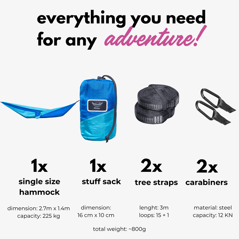 Casa si Gradina - Gradina si terasa - Balansoare si hamace - Hamace si suporturi - Hamac hikerjoy,material tip parasuta, ultra usor,portabil,270x140 cm,curele prindere si carabine incluse, albastru - Infinity.ro