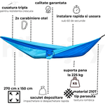 Casa si Gradina - Gradina si terasa - Balansoare si hamace - Hamace si suporturi - Hamac hikerjoy,material tip parasuta, ultra usor,portabil,270x140 cm,curele prindere si carabine incluse, albastru - Infinity.ro