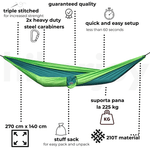 Casa si Gradina - Gradina si terasa - Balansoare si hamace - Hamace si suporturi - Hamac hikerjoy,material tip parasuta, ultra usor,portabil,270x140 cm,curele prindere si carabine incluse, verde - Infinity.ro