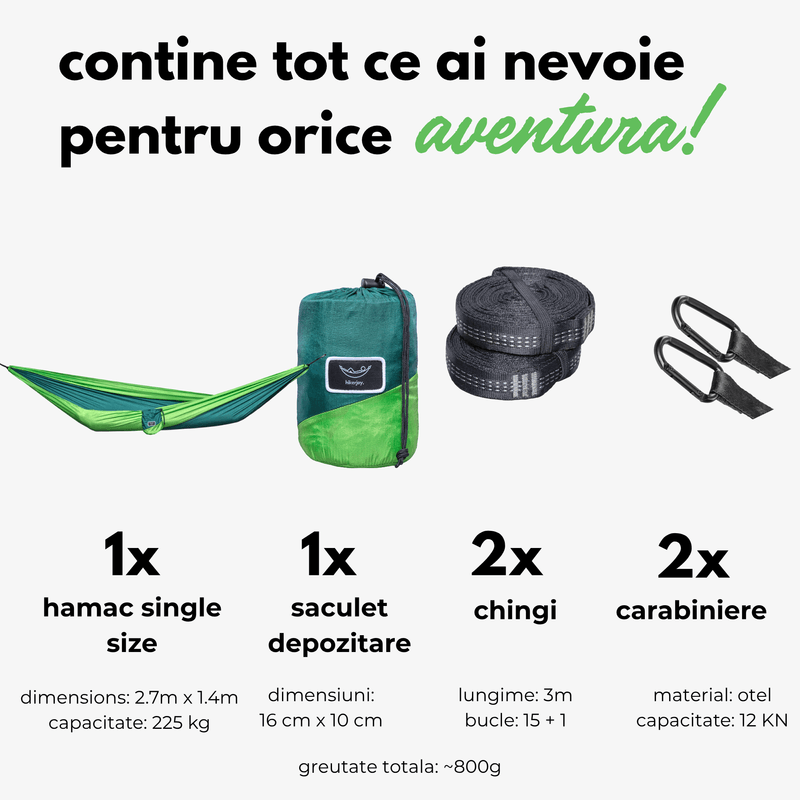 Casa si Gradina - Gradina si terasa - Balansoare si hamace - Hamace si suporturi - Hamac hikerjoy,material tip parasuta, ultra usor,portabil,270x140 cm,curele prindere si carabine incluse, verde - Infinity.ro
