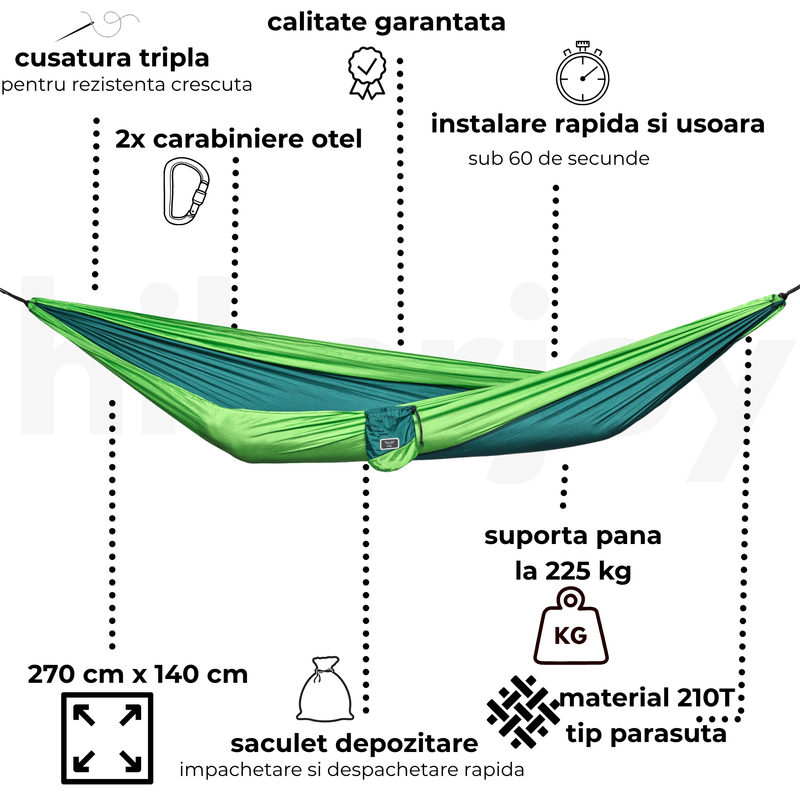 Casa si Gradina - Gradina si terasa - Balansoare si hamace - Hamace si suporturi - Hamac hikerjoy,material tip parasuta, ultra usor,portabil,270x140 cm,curele prindere si carabine incluse, verde - Infinity.ro